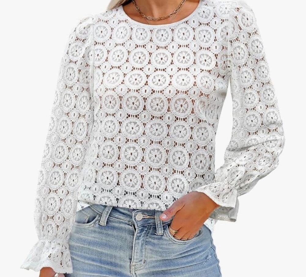 NWT Luxveer White LS Eyelet Shirt Lace Embroidered Blouse Dressy Sz L